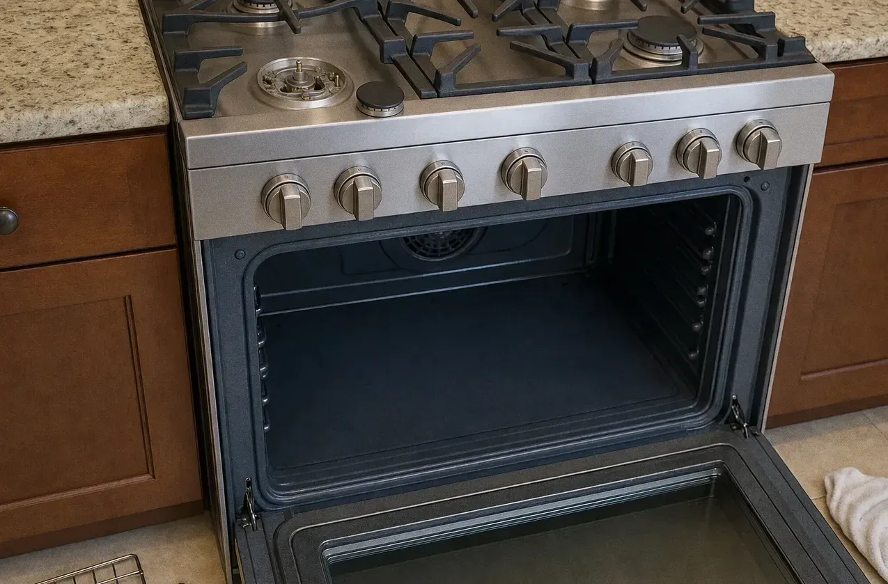 Stainless range set into wood cabinets with six knobs across the panel and the oven door open on an empty cavity