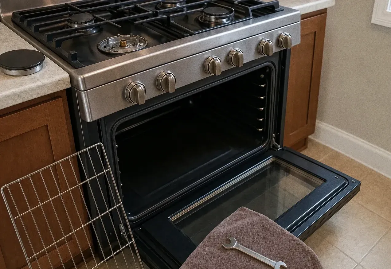 Range with the oven door lowered, a folded towel and a wrench lying on the open door and a rack on the tiled floor