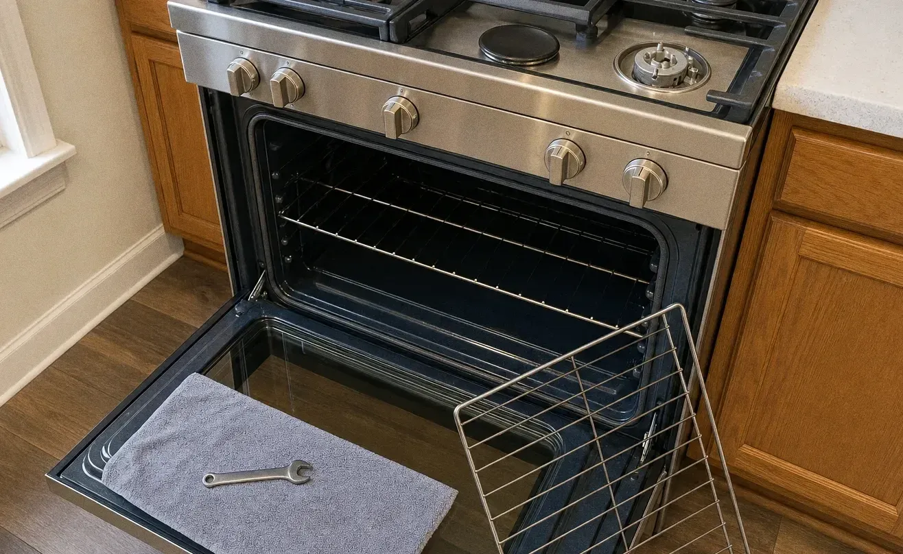 Oven open with both racks removed, one rack leaning at the right and a wrench on a grey cloth on the floor