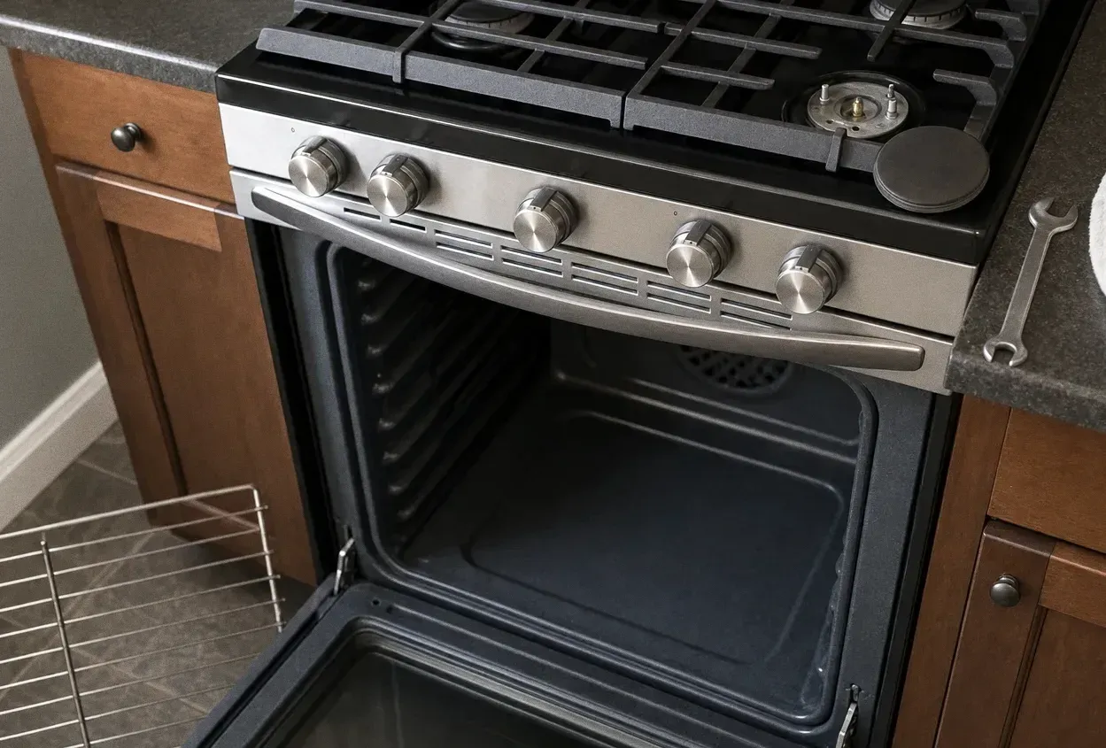Close crop of a range knob row with the oven cavity open below and a rack standing on the floor